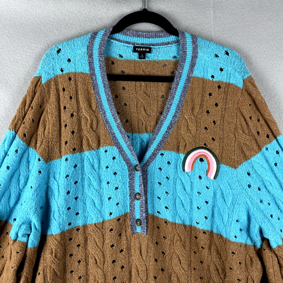 Torrid Henley Sweater Womens 3X Striped Embroidery V Neck Soft Cozy Colorful - Picture 2 of 15